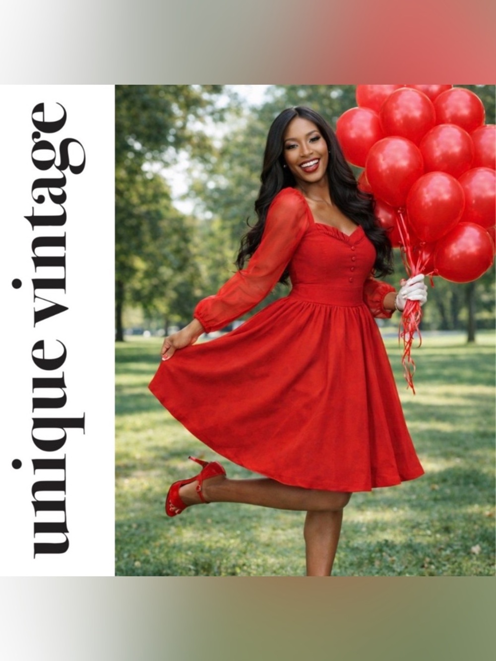 Unique Vintage 1950s Red Chiffon Long Sleeve Fit & Flare Swing Dress, XL, NWT!